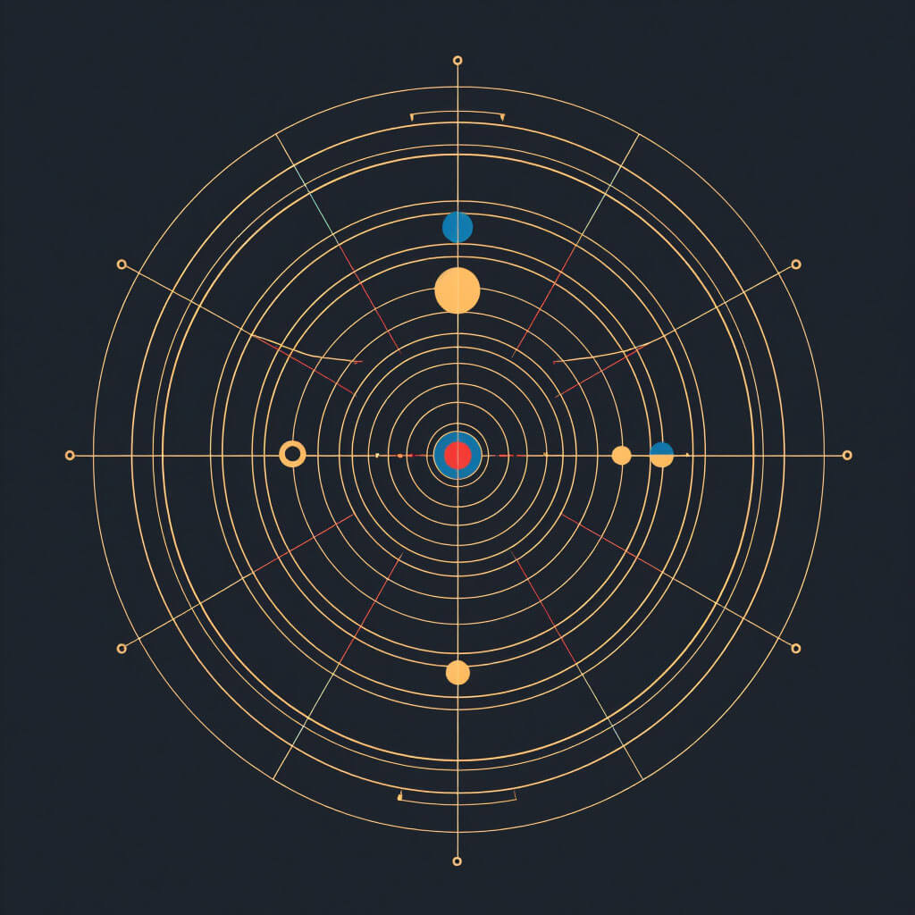 Geometrische Komposition auf dunklem Hintergrund: abstrakter Tierkreis als Kreisstruktur aus feinen Linien, Gittern und modularen Segmenten, inspiriert von technischen Zeichnungen; Bauhaus-orientiertes Design ohne mystische Symbole, mit präzisen Akzenten in Rot, Blau und Gelb, analytische und strukturierte Anmutung
